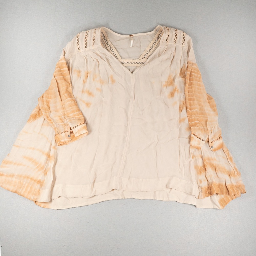 Free People Womens Tunic Top Crochet Trim Tie Dye Cream Tan Large Boho Blouse